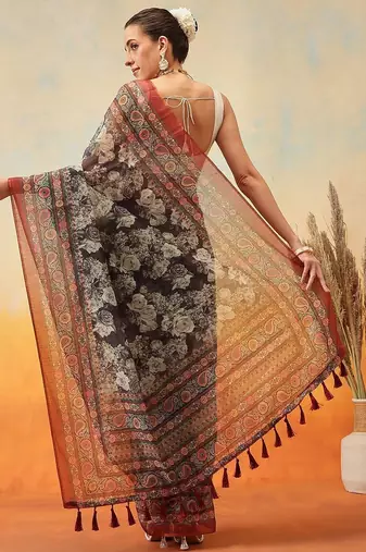 Brown printed cotton blend ethnic saree with blouse piece