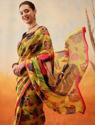 Mustard printed cotton blend ethnic saree with blouse piece 1