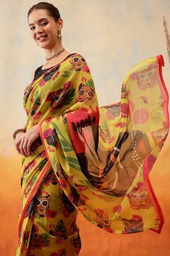 Mustard printed cotton blend ethnic saree with blouse piece
