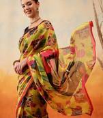 Mustard printed cotton blend ethnic saree with blouse piece