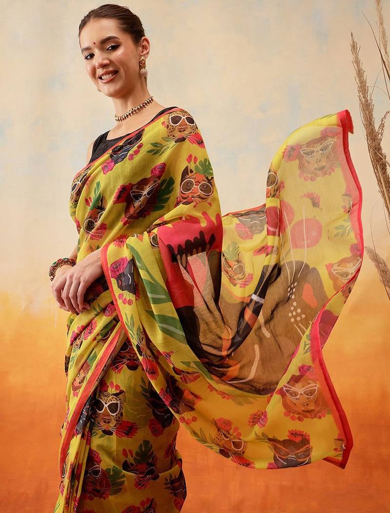 Mustard printed cotton blend ethnic saree with blouse piece