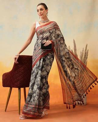 Brown printed cotton blend ethnic saree with blouse piece 4