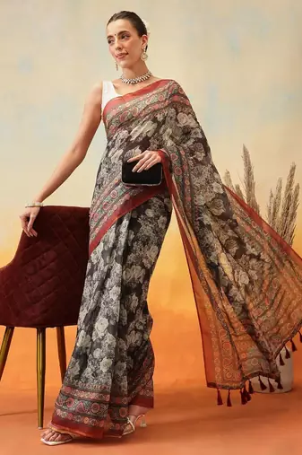 Brown printed cotton blend ethnic saree with blouse piece
