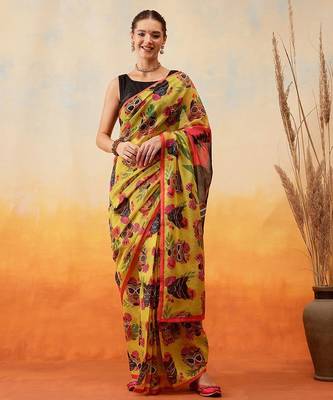 Mustard printed cotton blend ethnic saree with blouse piece 2