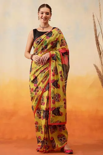 Mustard printed cotton blend ethnic saree with blouse piece