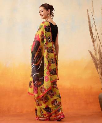 Mustard printed cotton blend ethnic saree with blouse piece 3