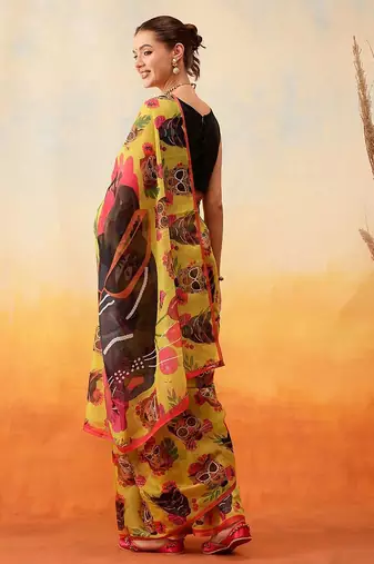 Mustard printed cotton blend ethnic saree with blouse piece