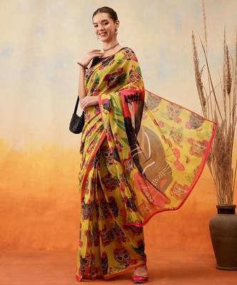 Mustard printed cotton blend ethnic saree with blouse piece 4
