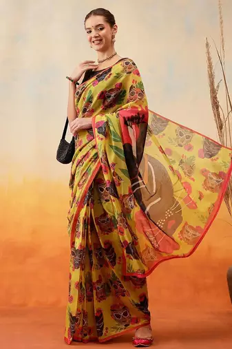 Mustard printed cotton blend ethnic saree with blouse piece