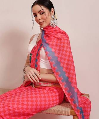 Pink printed cotton blend ethnic saree with blouse piece 1