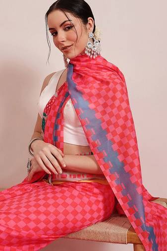 Pink printed cotton blend ethnic saree with blouse piece