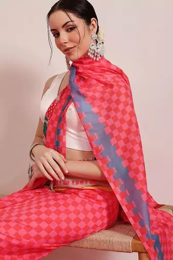 Pink printed cotton blend ethnic saree with blouse piece