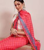 Pink printed cotton blend ethnic saree with blouse piece