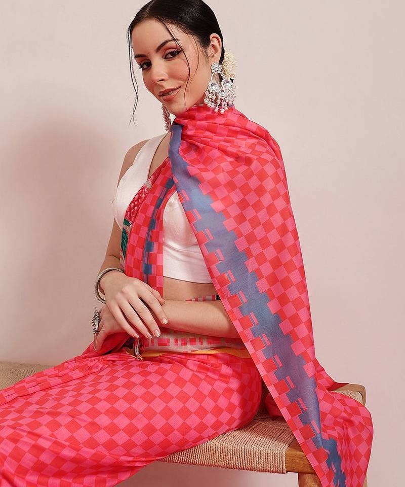 Pink printed cotton blend ethnic saree with blouse piece