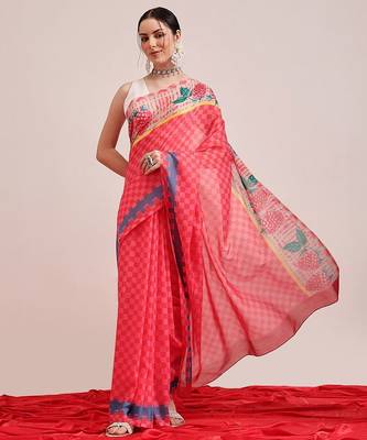 Pink printed cotton blend ethnic saree with blouse piece 2