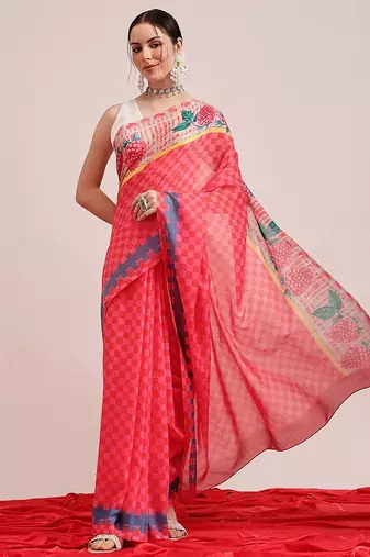Pink printed cotton blend ethnic saree with blouse piece