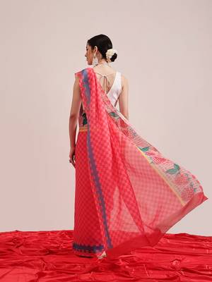 Pink printed cotton blend ethnic saree with blouse piece 3