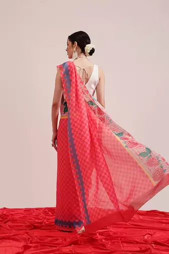 Pink printed cotton blend ethnic saree with blouse piece