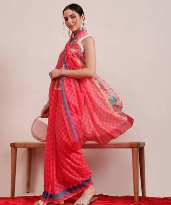 Pink printed cotton blend ethnic saree with blouse piece 4