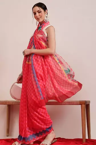 Pink printed cotton blend ethnic saree with blouse piece