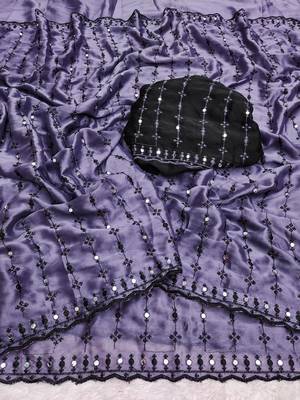 Stunning purple viscose rangoli silk saree with black embroidery and mirror work 3