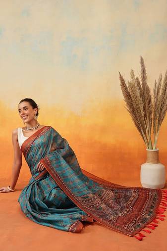 Teal printed cotton blend ethnic saree with blouse piece