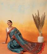 Teal printed cotton blend ethnic saree with blouse piece