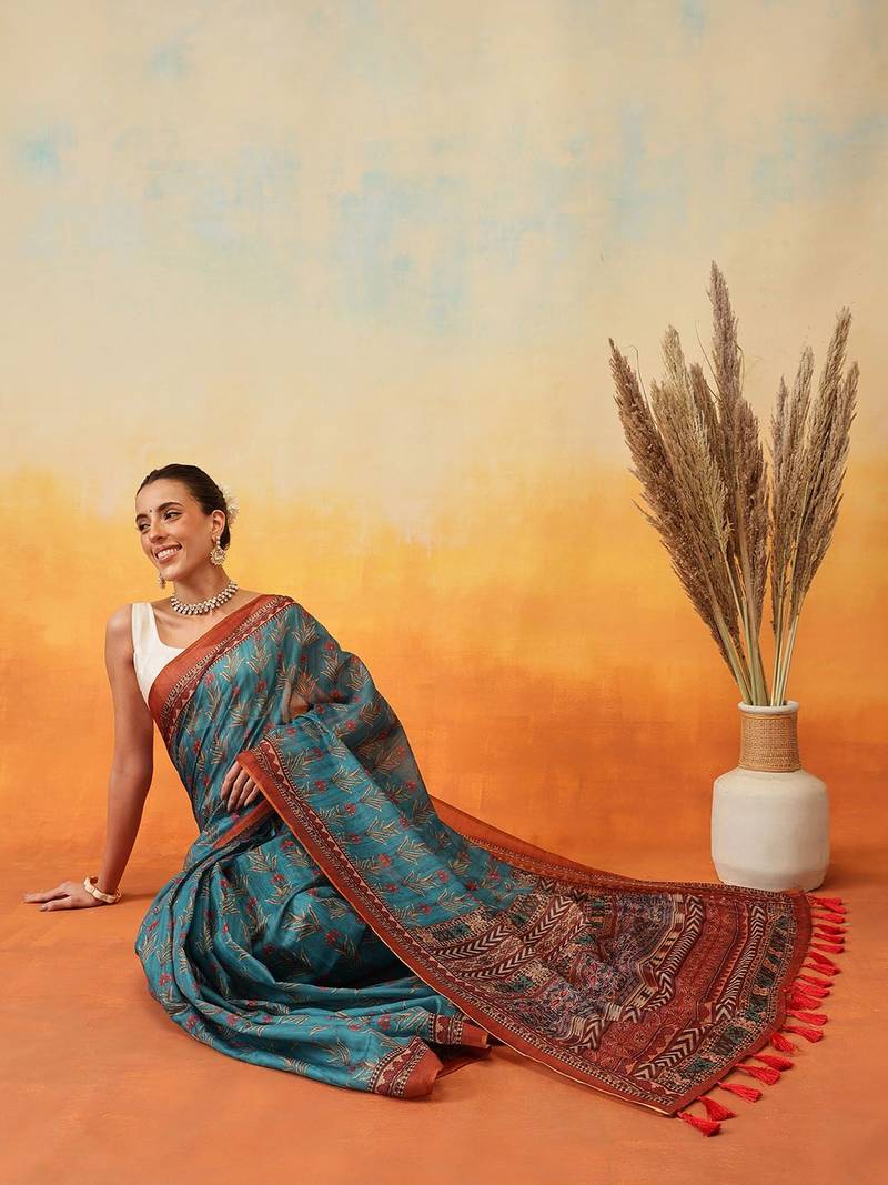 Teal printed cotton blend ethnic saree with blouse piece