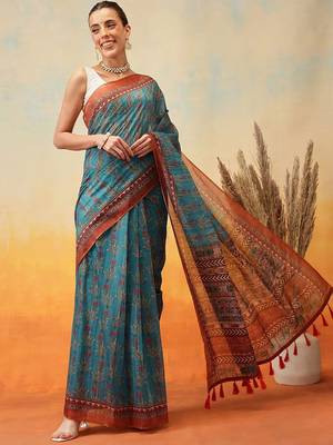 Teal printed cotton blend ethnic saree with blouse piece 2