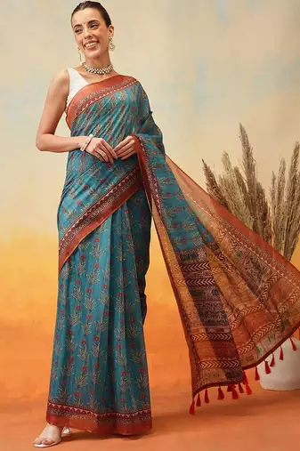Teal printed cotton blend ethnic saree with blouse piece
