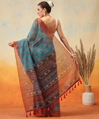 Teal printed cotton blend ethnic saree with blouse piece 3