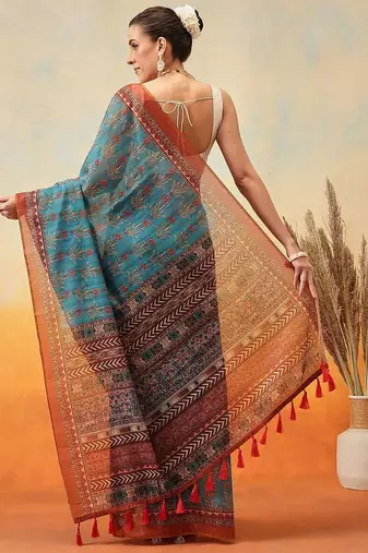 Teal printed cotton blend ethnic saree with blouse piece