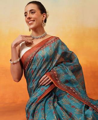 Teal printed cotton blend ethnic saree with blouse piece 4