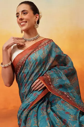 Teal printed cotton blend ethnic saree with blouse piece