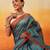 Teal printed cotton blend ethnic saree with blouse piece