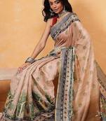 Beige printed cotton blend ethnic saree with blouse piece