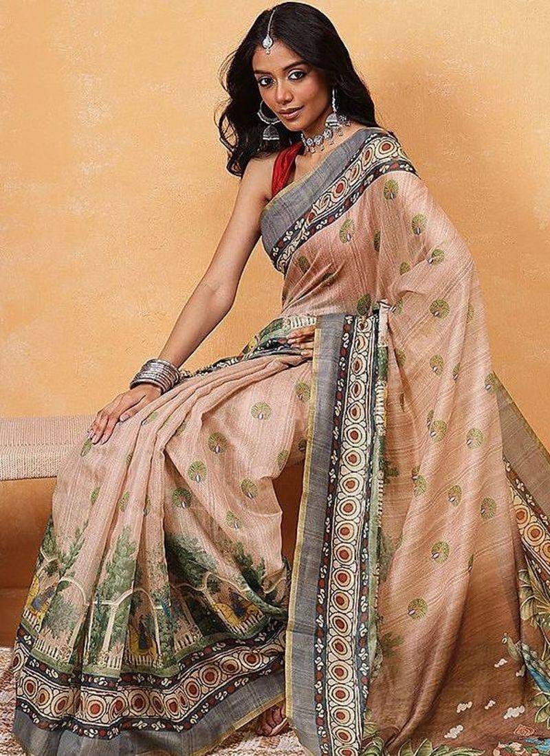 Beige printed cotton blend ethnic saree with blouse piece