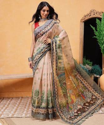 Beige printed cotton blend ethnic saree with blouse piece 2