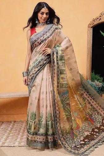 Beige printed cotton blend ethnic saree with blouse piece