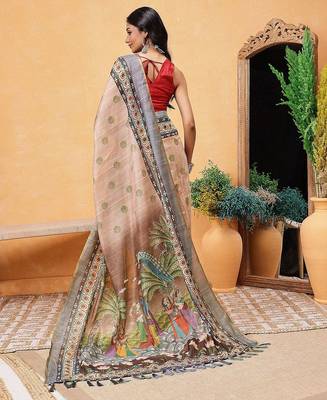 Beige printed cotton blend ethnic saree with blouse piece 3