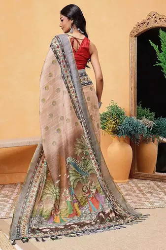 Beige printed cotton blend ethnic saree with blouse piece