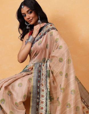 Beige printed cotton blend ethnic saree with blouse piece 4