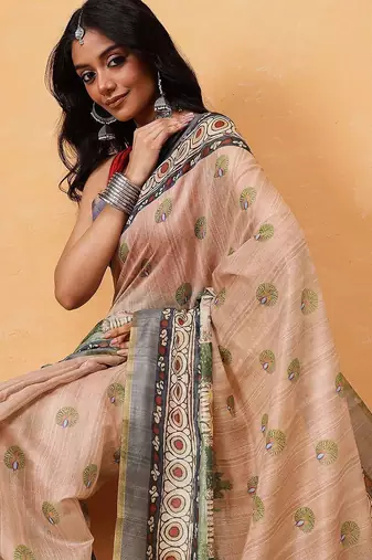 Beige printed cotton blend ethnic saree with blouse piece