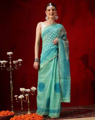 Sea green printed cotton blend ethnic saree with blouse piece 1
