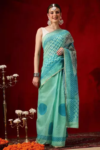 Sea green printed cotton blend ethnic saree with blouse piece
