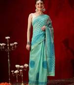 Sea green printed cotton blend ethnic saree with blouse piece