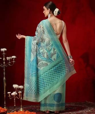 Sea green printed cotton blend ethnic saree with blouse piece 2