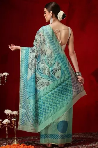 Sea green printed cotton blend ethnic saree with blouse piece