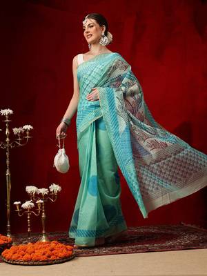 Sea green printed cotton blend ethnic saree with blouse piece 3