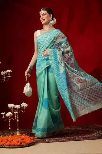 Sea green printed cotton blend ethnic saree with blouse piece